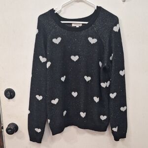 Andree Black Sparkly Crewneck Sweater with White Heart Motif